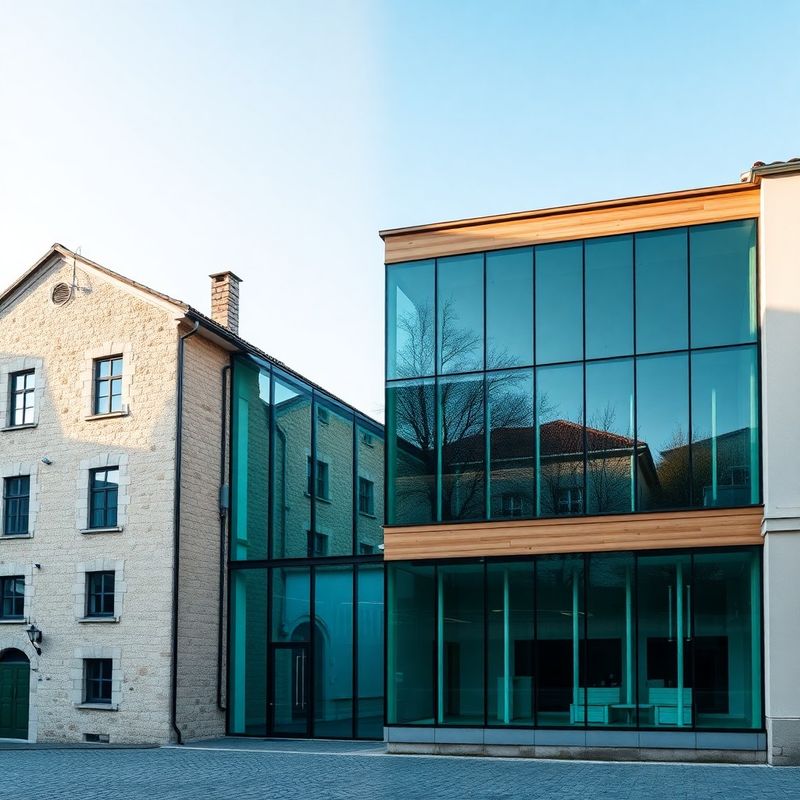 Kontrast med starim zidanim poslopjem in modernim teal-steklenim uradom v Kopru